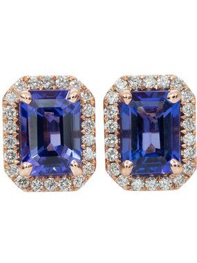 Emerald Cut Tanzanite & Natural Diamond Halo Stud Earrings in 14K Rose Gold
